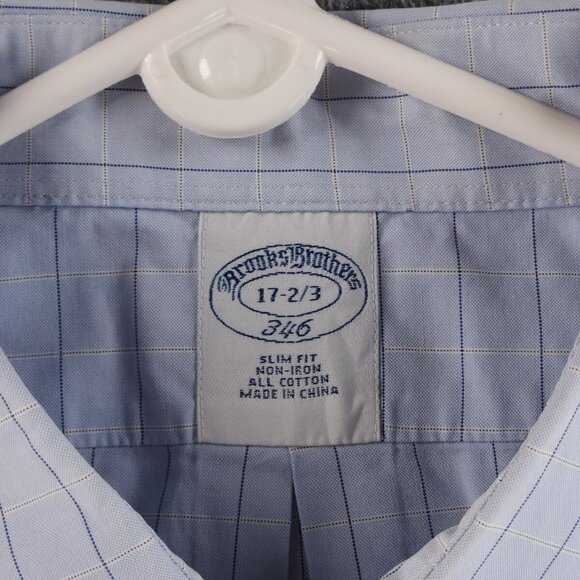 Brooks Brothers Blue Non-Iron Check Slim 17 2/3 Cotton Button Up Shirt Men Adult - Picture 9 of 16
